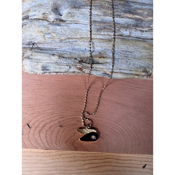 Vintage 14K Gold Plated Sterling Pendant Necklace Wing Design Black Enamel 8G - Picture 3 of 7